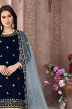 Navy Blue Velvet Punjabi Patiyala Suit For Indian Festivals & Weddings - Embroidery Work - close-up view