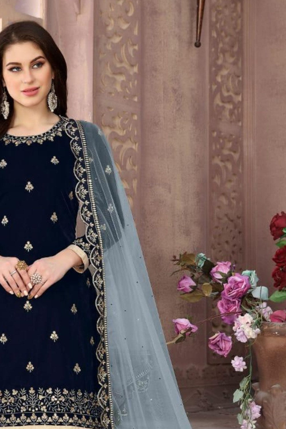Navy Blue Velvet Punjabi Patiyala Suit For Indian Festivals & Weddings - Embroidery Work - close-up view