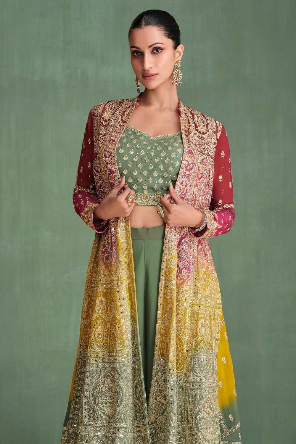Dusty Green Georgette Lengha Choli with Dual Color Jacket For Indian Festivals & Pakistani Weddings Dress - Embroidery Work, Mirror Work - close-up view