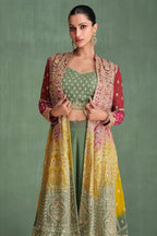 Dusty Green Georgette Lengha Choli with Dual Color Jacket For Indian Festivals & Pakistani Weddings Dress - Embroidery Work, Mirror Work - close-up view