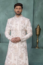Pinkish Cream Men's Kurta Pyjama Sherwani with Thread Embroidery - close-up view
