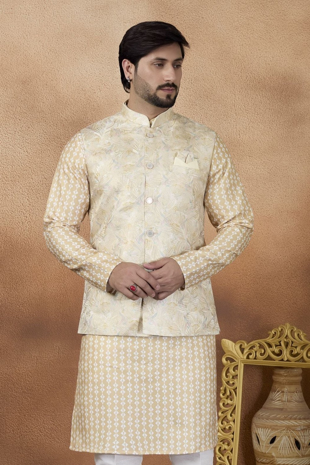 Cream Art Silk Kurta Pajama with Waistcoat for Festival Wear Guys - close-up view
