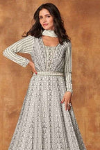 White Georgette Anarkali Suit For Indian & Pakistani Wedding Festival - Embroidery Work - close-up view