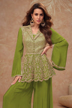 Olive Green Chinon Silk Plazo Suit For Indian Weddings & Pakitani Festivals - Embroidery Work - close-up view