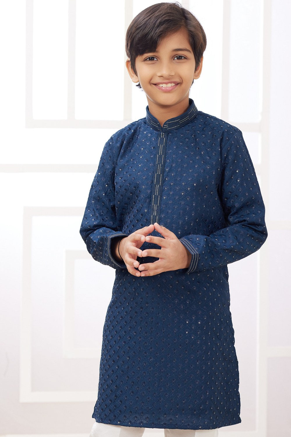 Navy Blue Art Silk 2 Piece Kids Wear Boys Suit Long Kurta Pajama for Kids for Festivals & Wedding - Embroidery Work - close-up view