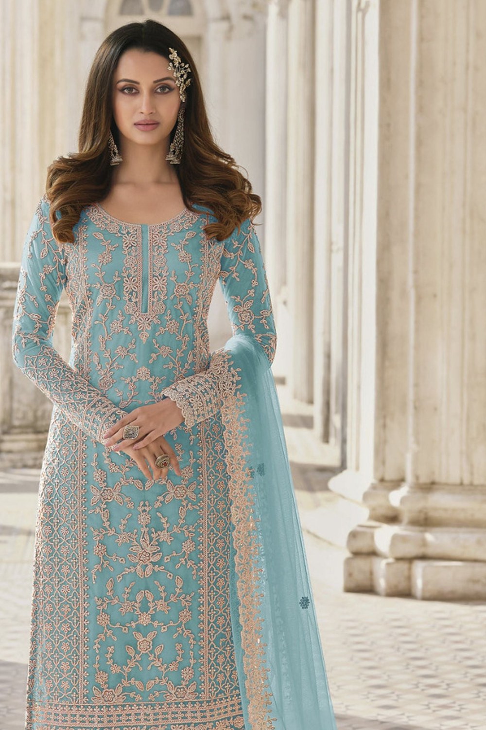 Sky Blue Net Kameez Plazzo Suit For Indian Wedding & Pakistani Festival Dress - Embroidery Work - close-up view