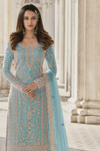 Sky Blue Net Kameez Plazzo Suit For Indian Wedding & Pakistani Festival Dress - Embroidery Work - close-up view
