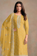 Yellow Organza Silk Kameez With Pant For Indian & Pakistani Wedding Festival - Embroidery Work - close-up view