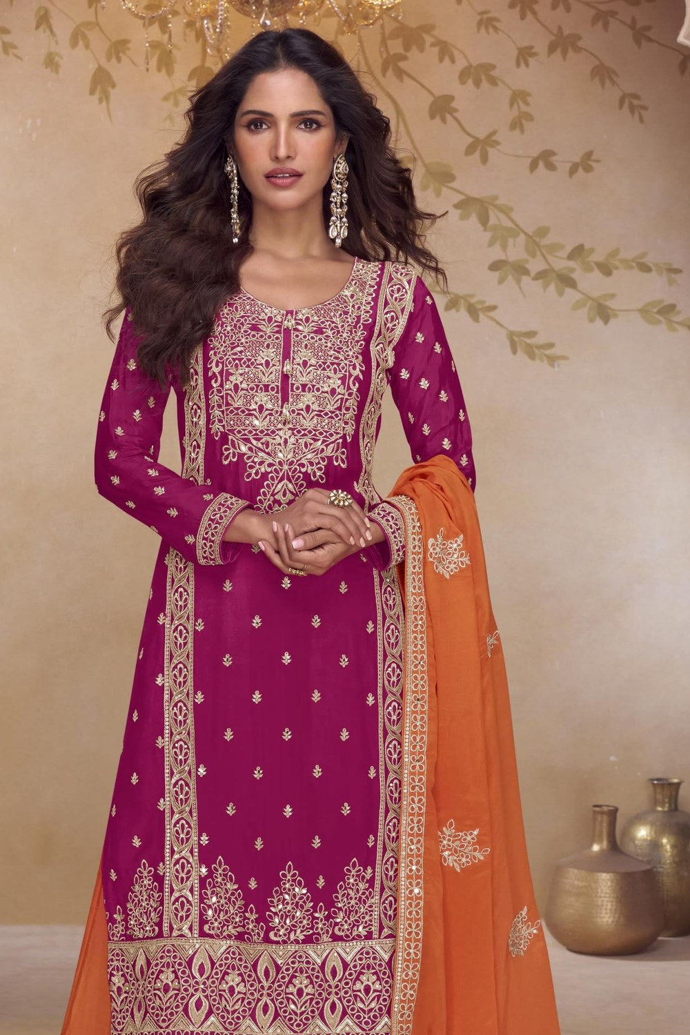 Pink Chinon Silk Palazzo Dress For Indian & Pakistani Wedding Festival - Thread & Sequins Embroidery Work - close-up view