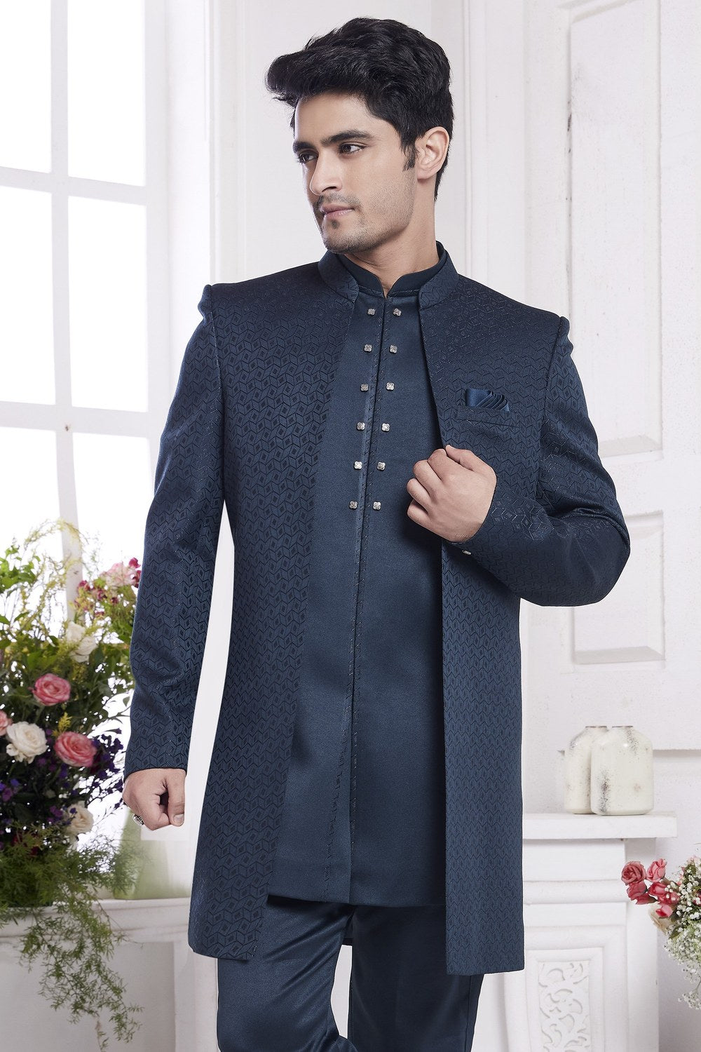 Dark Blue Jacquard Silk Indo Western Traditional Sherwani Kurta with Jacket & Pant for Men for Wedding - Embroidery Work - close-up view