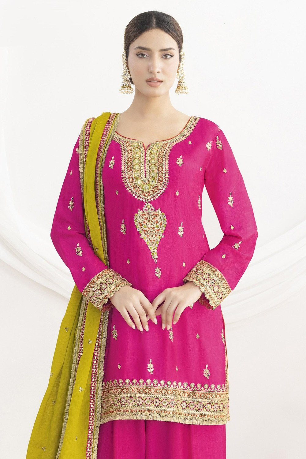 Pink Chinon Silk Farshi Salwar Kameez For Indian & Pakistani Wedding Festival - Real Mirror Work, Sequence Embroidery Work, Dori Work - close-up view