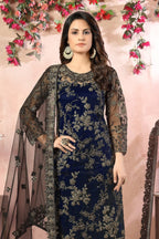 Navy Net Traditional Pakistani Clothing Kameez with Pant - close-up view