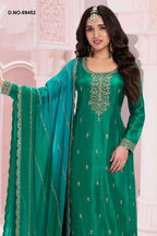 Green Silk Georgette Plazo Suit for Indian Wedding Guest Dresses Mehndi - Embroidery Work - close-up view
