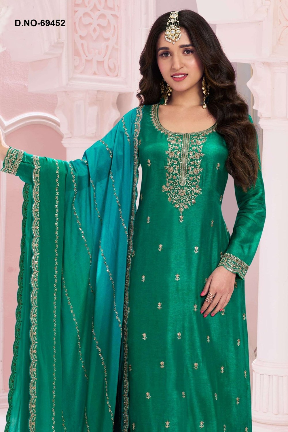 Green Silk Georgette Plazo Suit for Indian Wedding Guest Dresses Mehndi - Embroidery Work - close-up view