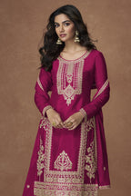 Magenta Chinon Silk Plazo Suit For Indian & Pakistani Wedding Festival - Embroidery Work - close-up view