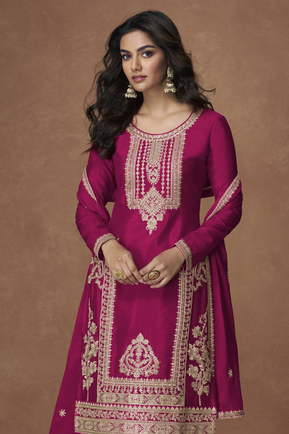Magenta Chinon Silk Plazo Suit For Indian & Pakistani Wedding Festival - Embroidery Work - close-up view