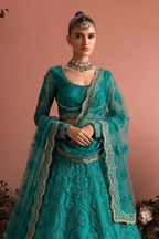 Teal Long Sleeves Lehenga Choli for Wedding Guest in Net with Thread and Sequins - close-up view