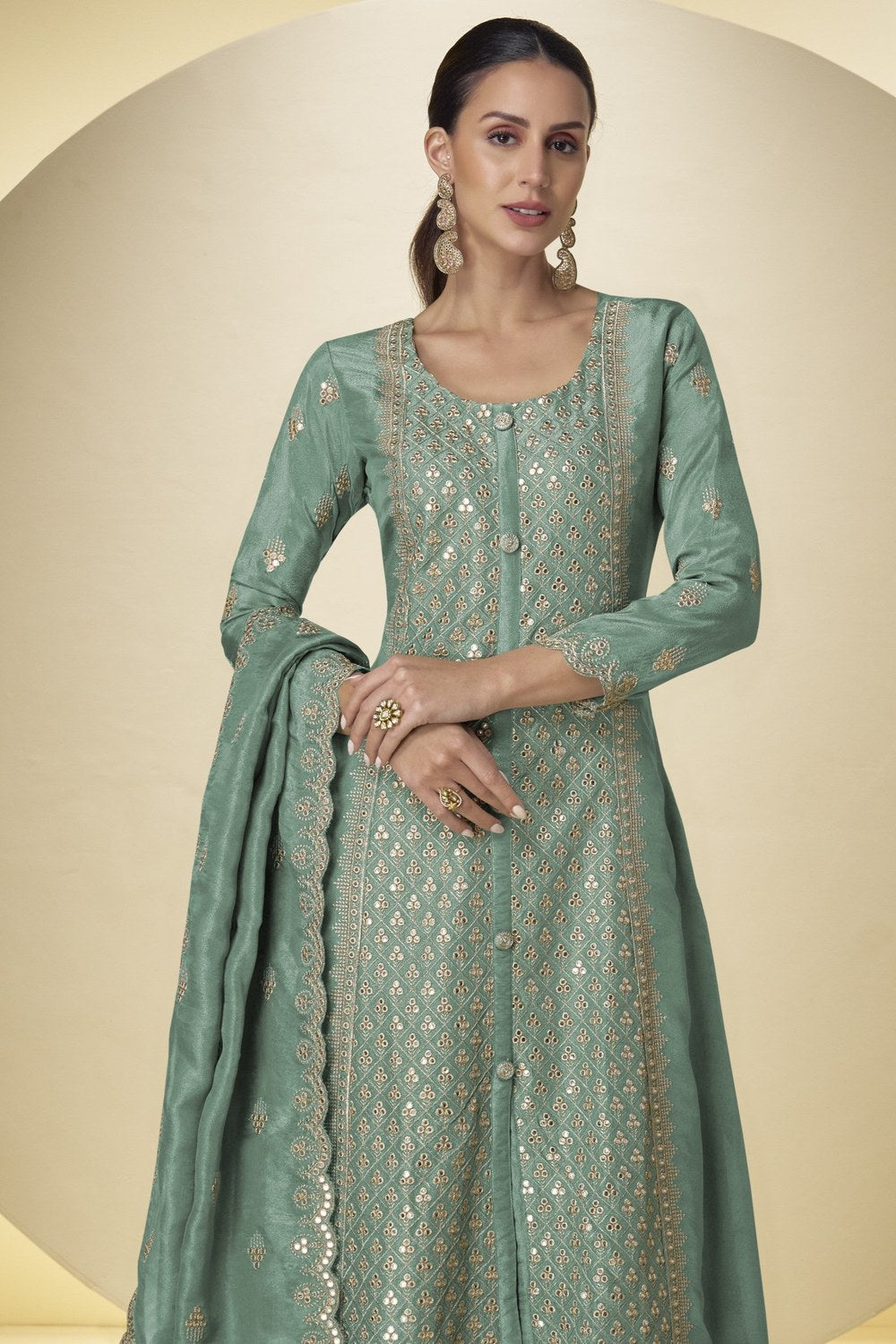 Mint Green Simmer Silk Embroidered Long Kameez with Plazo - close-up view