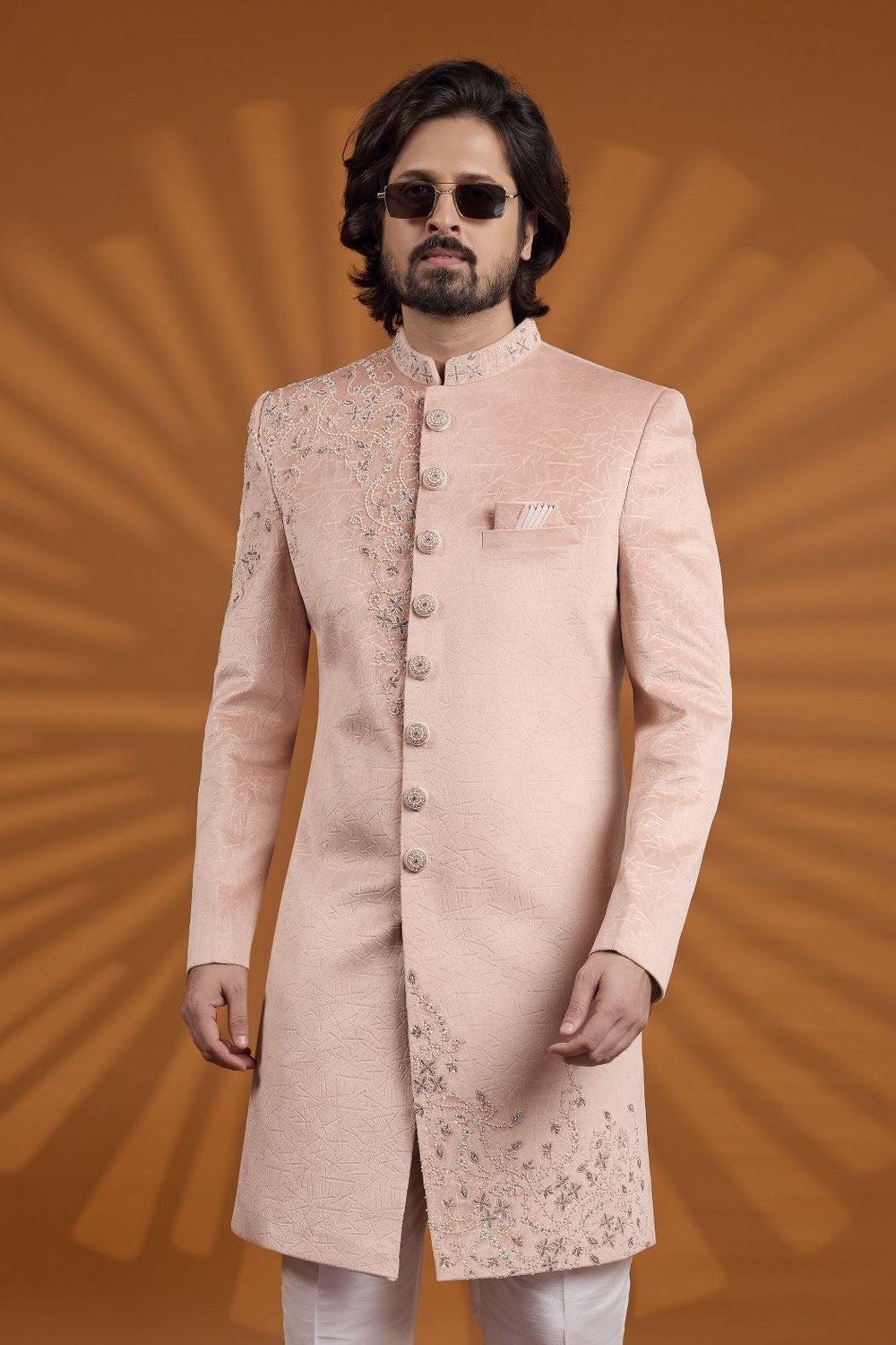 Pale Pink Velvet Indian Wedding Suits for Men with Kurta Pajama - close-up view