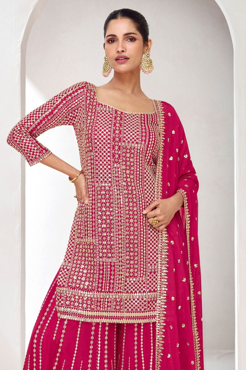 Pink Chinon Silk Palazzo With Kameez Suit For Indian Festivals & Pakistani Weddings -  Embroidery Work - close-up view