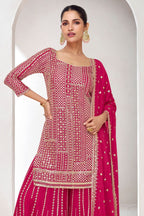 Pink Chinon Silk Palazzo With Kameez Suit For Indian Festivals & Pakistani Weddings -  Embroidery Work - close-up view