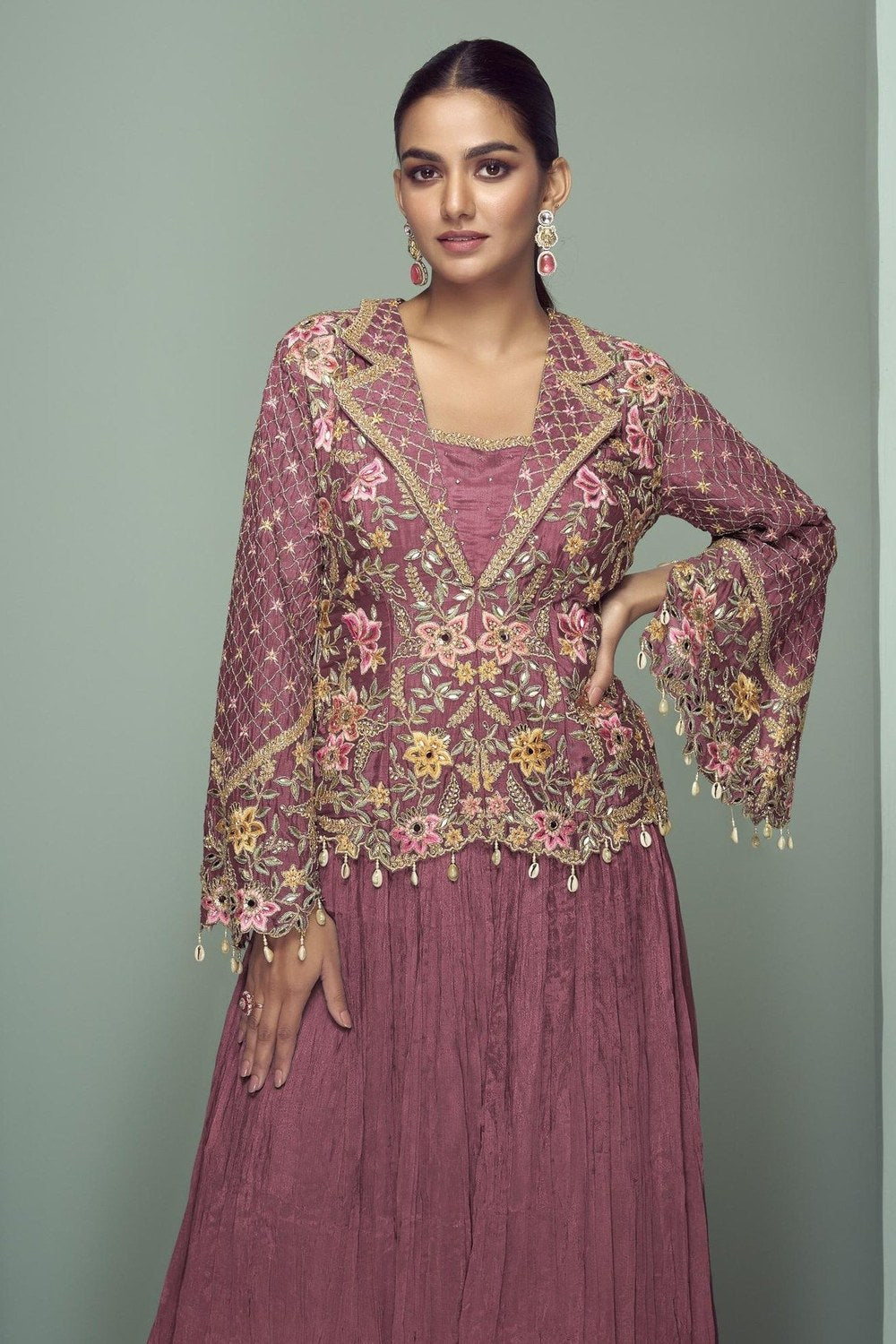 Pink Chinon Silk Kameez With Skirt For Indian & Pakistani Wedding Festival - Thread Embroidery Work, Real Mirror Work, Dori Work - close-up view