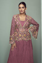 Pink Chinon Silk Kameez With Skirt For Indian & Pakistani Wedding Festival - Thread Embroidery Work, Real Mirror Work, Dori Work - close-up view