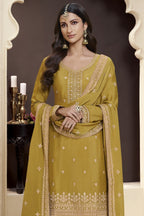 Mustard Chinon Silk Palazzo Suit For Indian Wedding & Pakistani Festival - Embroidery Work - close-up view