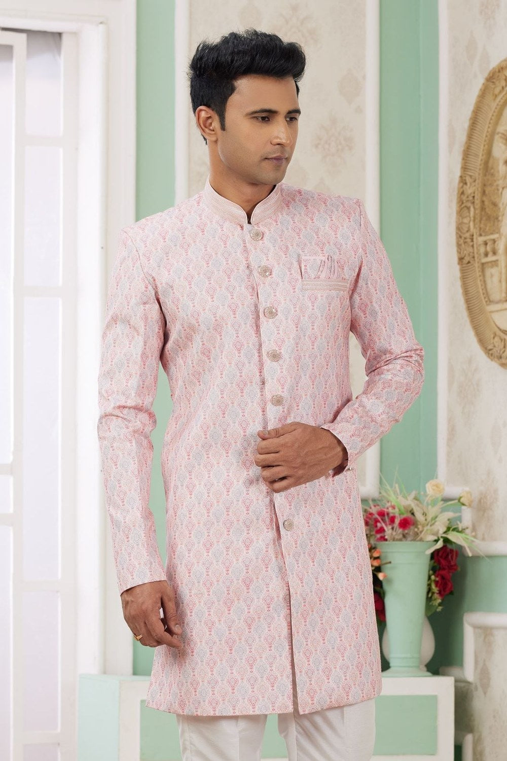 Peach Beige Jacquard Silk Indo Western Clothes for Men with Weaving Work - close-up view