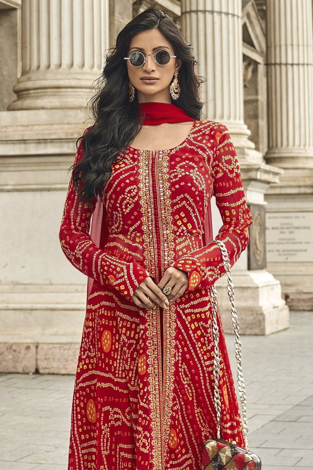 Red Jacquard Attires Of India Sangeet Long Kameez With Palazzo - Jacquard Work - close-up view
