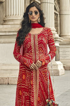 Red Jacquard Attires Of India Sangeet Long Kameez With Palazzo - Jacquard Work - close-up view