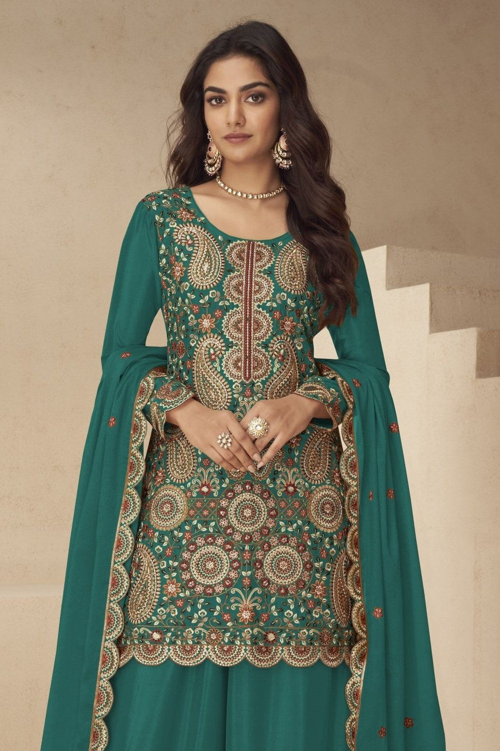 Teal Chinon Silk Plazo Suit for Women with Sequin & Thread Work - close-up view