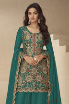 Teal Chinon Silk Plazo Suit for Women with Sequin & Thread Work - close-up view