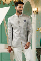 Gray Art Silk Traditional Jodhpuri Suits with Pant for Men for Wedding - Thread Embroidery Work - close-up view