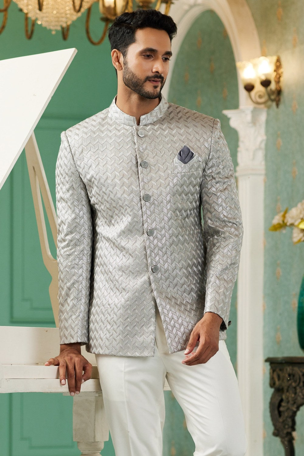 Gray Art Silk Traditional Jodhpuri Suits with Pant for Men for Wedding - Thread Embroidery Work - close-up view