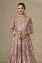 Mauve Chinon Silk Anarkali Suit With Palazzo For Indian & Pakistani Wedding Festival - Sequins & Thread Embroidery Work - close-up view