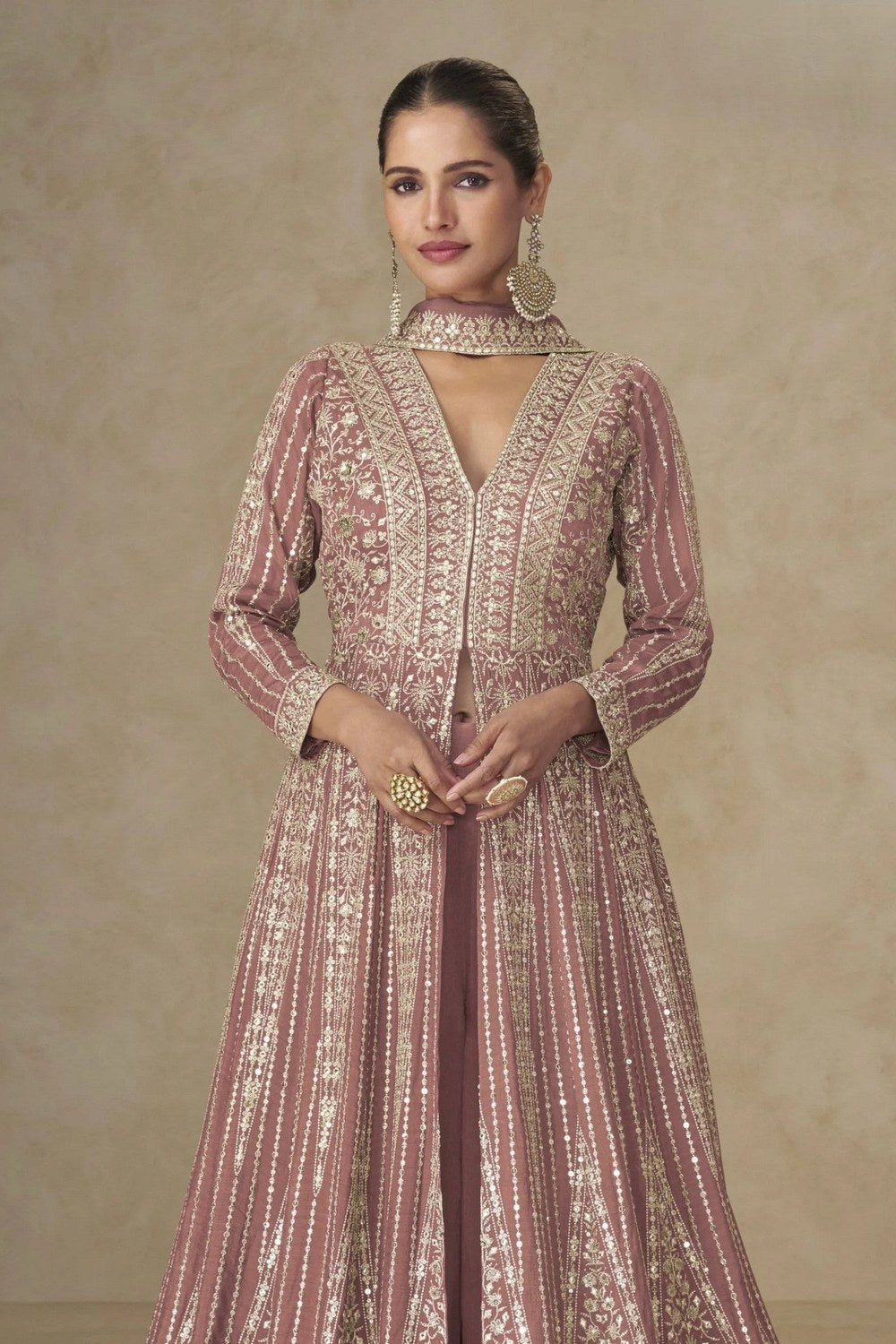 Mauve Chinon Silk Anarkali Suit With Palazzo For Indian & Pakistani Wedding Festival - Sequins & Thread Embroidery Work - close-up view