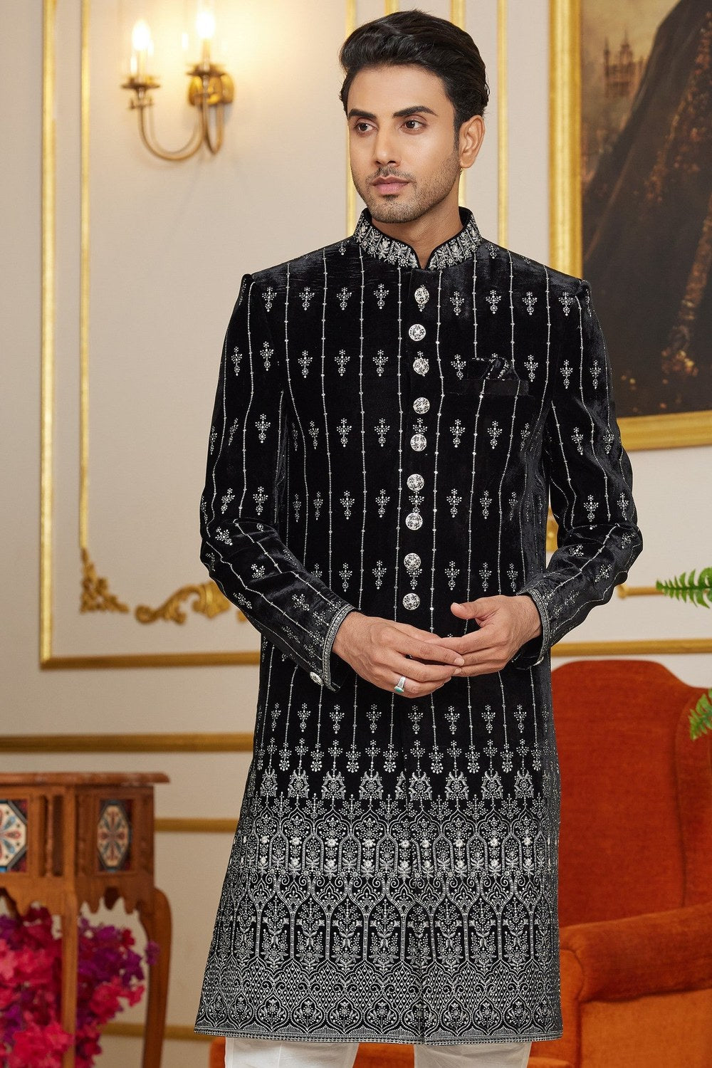 Black Art Silk Indo Western Traditional Sherwani Long Kurta & Pant Suit for Men for Wedding - Embroidery Work - close-up view