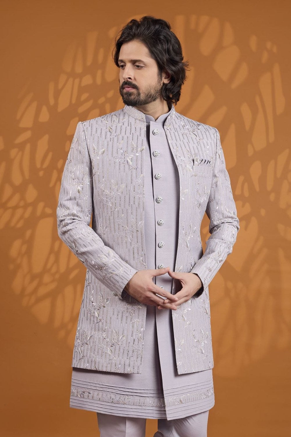 Purple Gray 3 Piece Sherwani for Men Wedding in Art Silk & Thread Work - close-up view