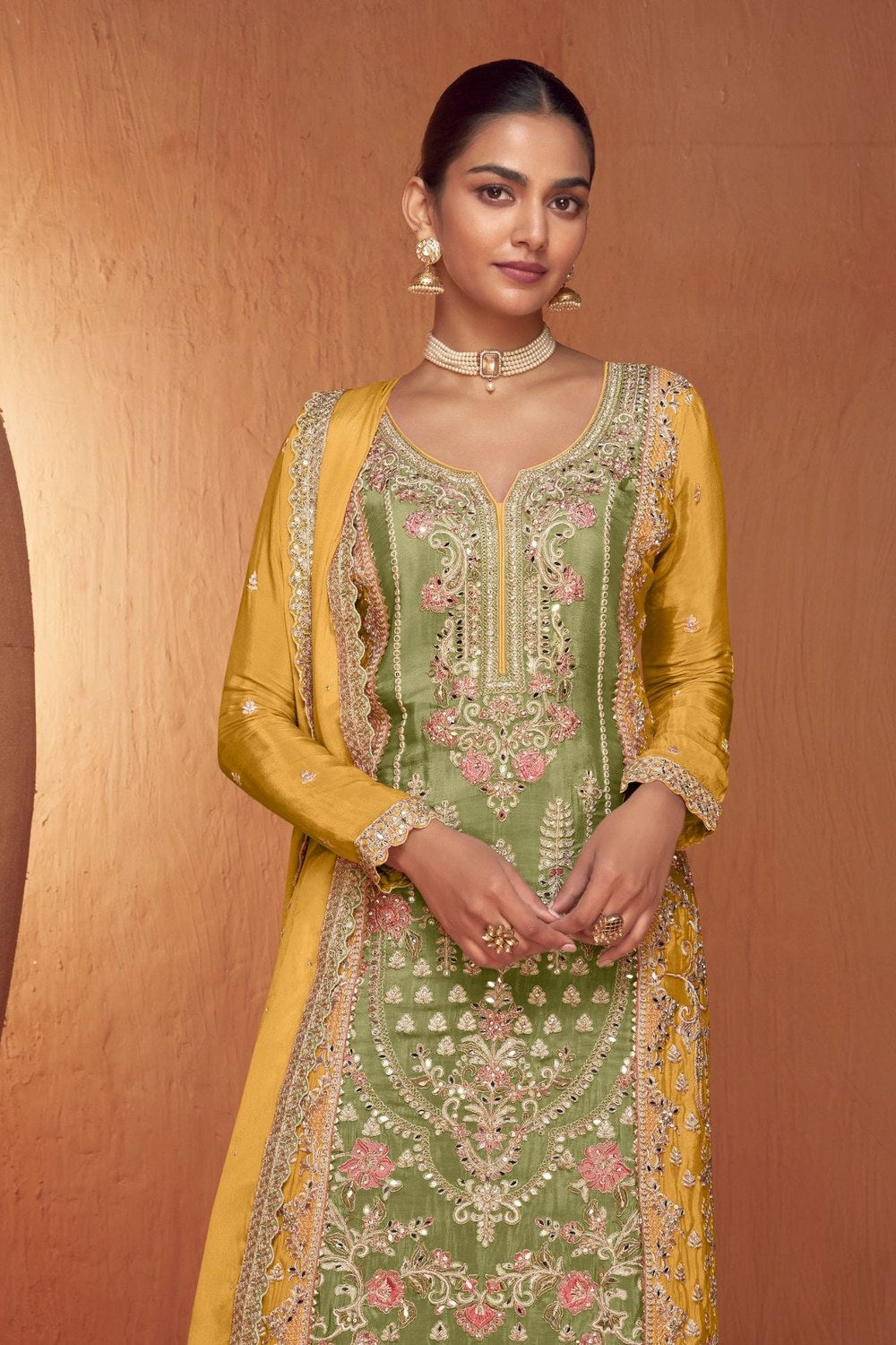 Green Chinon Traditional Plazo Suits For Pakistani Festivals & Indian Wedding - Embroidery Work - close-up view