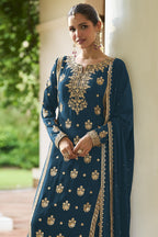 Straight Cut Pakistani Suit in Teal Chinon Silk with Sequins & Thread Work - close-up view