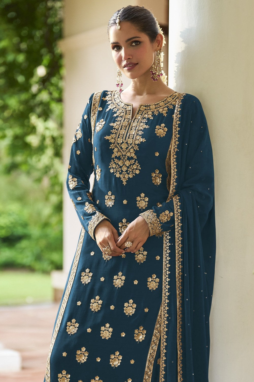 Straight Cut Pakistani Suit in Teal Chinon Silk with Sequins & Thread Work - close-up view