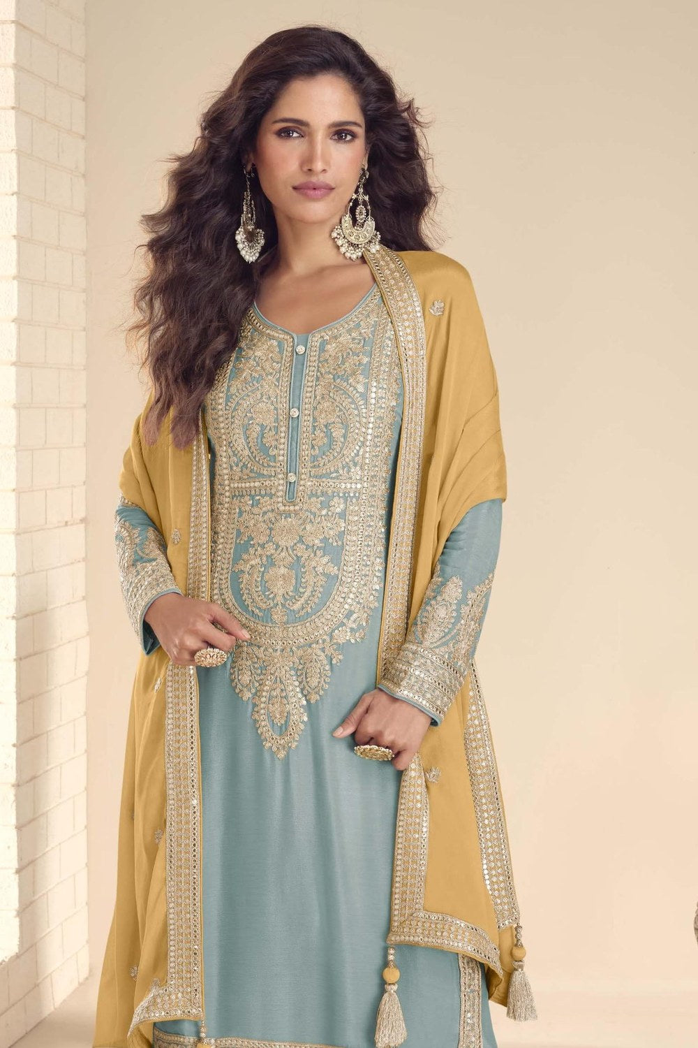Indian Plazo Suit Online with Light Blue Chinon Silk & Dori Embroidery Work - close-up view
