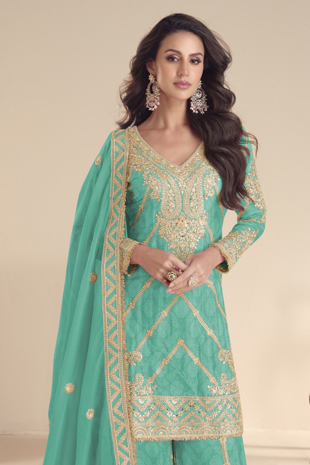 Teal Blue Chinon Silk Kameez With Palazzo Suit For Indian & Pakistani Wedding Festival - Print Work, Thread & Sequence Embroidery - close-up view