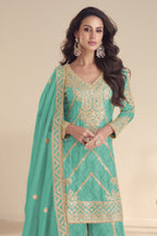 Teal Blue Chinon Silk Kameez With Palazzo Suit For Indian & Pakistani Wedding Festival - Print Work, Thread & Sequence Embroidery - close-up view