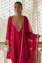 Pinkish Red Cotton Silk Embroidery Loose Fit A Line Kurta Set for Women - close-up view