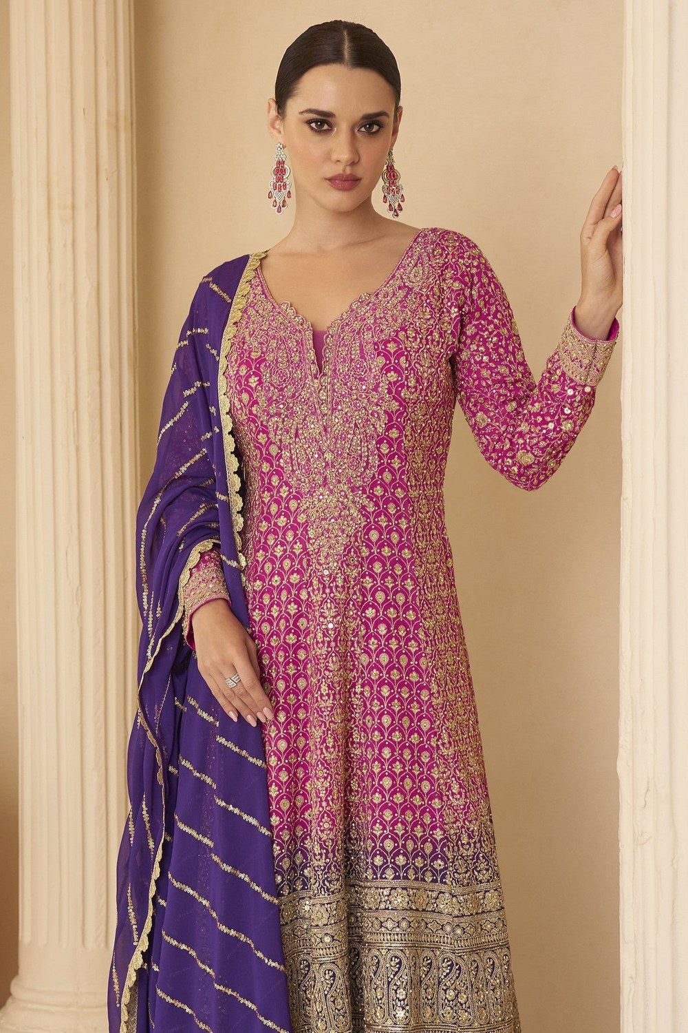 Reddish Pink Plazo Style Sangeet Outfit for Women in Georgette - Zari & Swarovski - close-up view