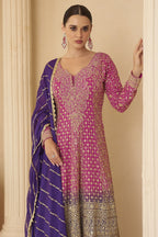 Reddish Pink Plazo Style Sangeet Outfit for Women in Georgette - Zari & Swarovski - close-up view