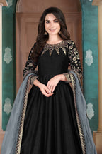 Black Chinon Silk Anarkali with Thread Embroidery for Indian Party Wear Dresses - close-up view