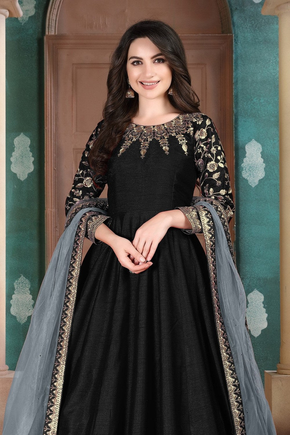 Black Chinon Silk Anarkali with Thread Embroidery for Indian Party Wear Dresses - close-up view